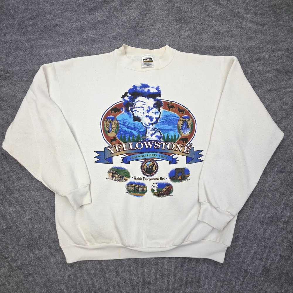 Vintage Yellowstone National Park Sweatshirt Mens L White Crewneck Wild West 90s